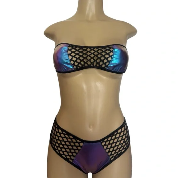 Iridescent Bikini Set with Mesh Detail exotic Dancewear rave edc - Picture 3 of 5